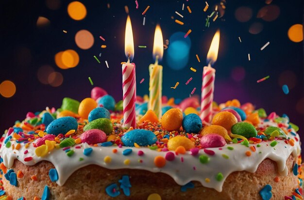 Primer plano de un pastel de cumpleaños festivo con salpicaduras vibrantes y velas en llamas