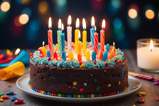 Un primer plano de un pastel de cumpleaños con velas encendidas