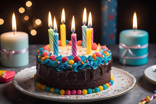 Un primer plano de un pastel de cumpleaños con velas encendidas