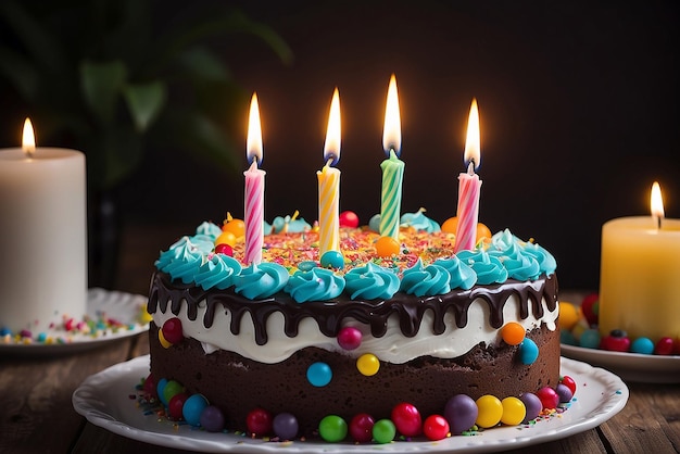 Un primer plano de un pastel de cumpleaños con velas encendidas