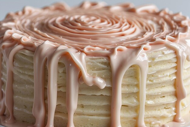 Un primer plano de un pastel con glaseado en una superficie blanca