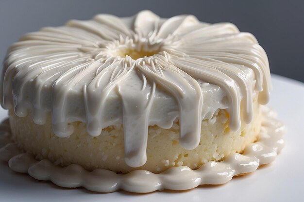 Un primer plano de un pastel con glaseado en una superficie blanca