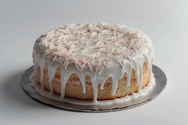 Un primer plano de un pastel con glaseado en una superficie blanca