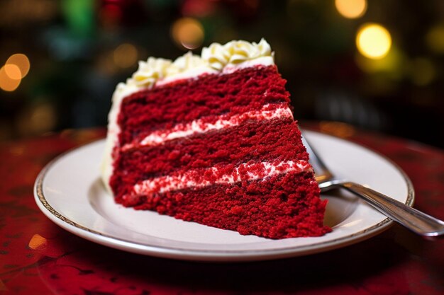 Un primer plano de un pastel de terciopelo rojo rociado con salsa de chocolate