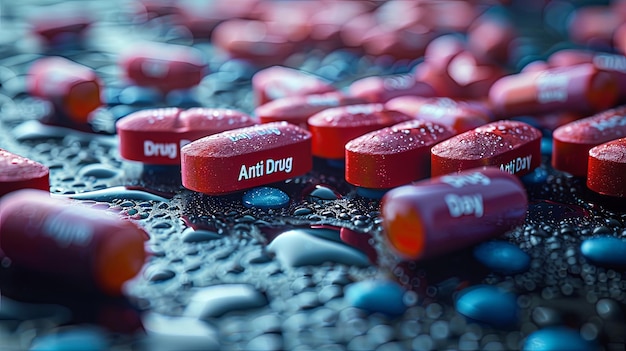 Foto un primer plano de pastillas antidrogas en una superficie húmeda