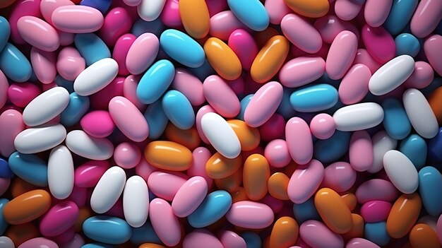 Foto primer plano de pastillas y cápsulas médicas coloridas de fondo vista superior y plana