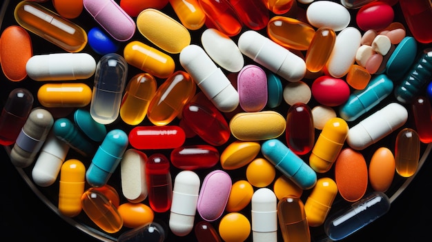 Foto primer plano de pastillas coloridas drogas y medicamentos farmacéuticos grandes farmacéuticos antecedentes en medicina
