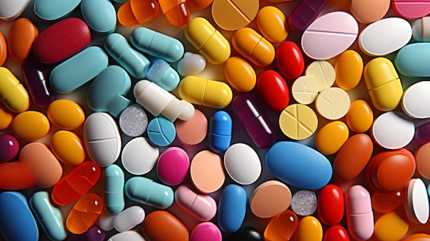 Foto primer plano de pastillas coloridas drogas y medicamentos farmacéuticos grandes farmacéuticos antecedentes en medicina