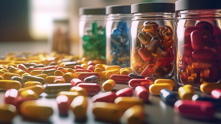 Primer plano de pastillas coloridas en la mesa Fondo borroso con copia de la IA generativa del espacio