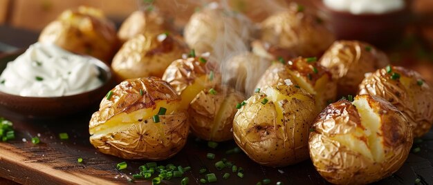 Un primer plano de patatas recién horneadas con un exterior dorado crujiente y un interior humeante esponjoso Se salpican con cebollas verdes picadas y se sirven con un lado tentador de crema agria