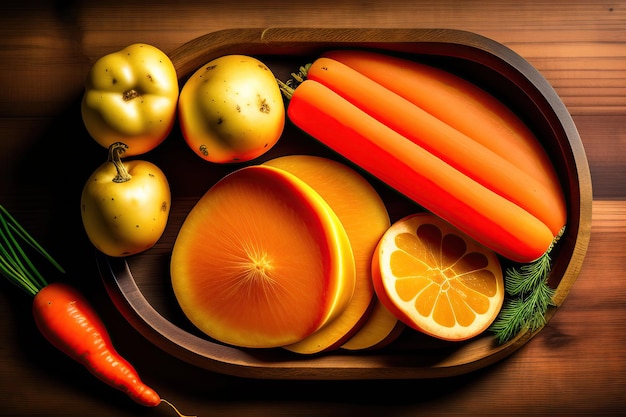 Primer plano de patatas y zanahorias sin pelar sobre un fondo de madera oscuro Cosecha de verduras