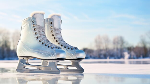 Foto primer plano de patines artísticos de cuero blanco contra un fondo helado con marcas de patinaje perfecto para promover los deportes de invierno y la moda