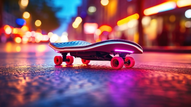 Primer plano de una patineta con características de seguridad habilitadas con luces led para paseos nocturnos