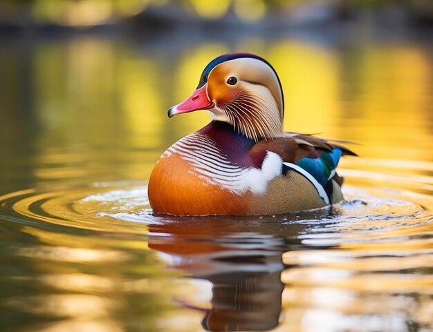 Foto primer plano de un pato mandarín nadando en un lago