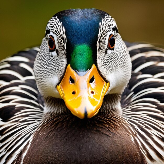 Foto un primer plano de un pato con un parche verde en su pico