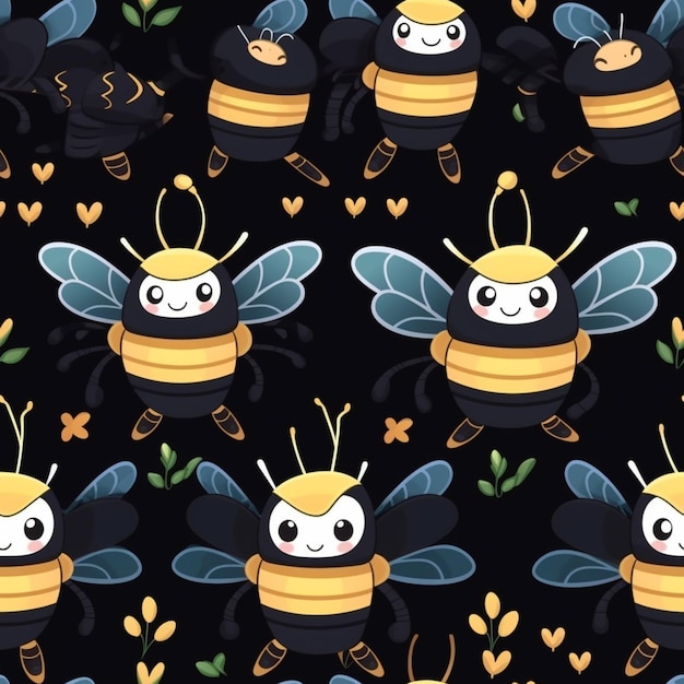 un primer plano de un patrón de abejas con corazones sobre un fondo negro ai generativo