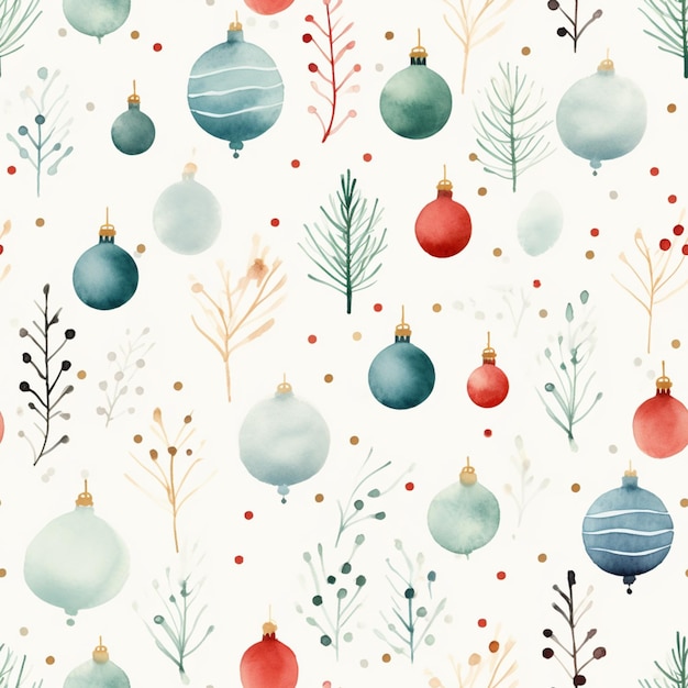 Un primer plano de un patrón de adornos navideños en un fondo blanco
