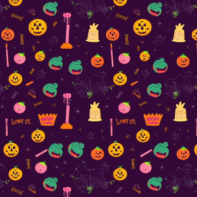 un primer plano de un patrón de artículos de halloween sobre un fondo púrpura ai generativo