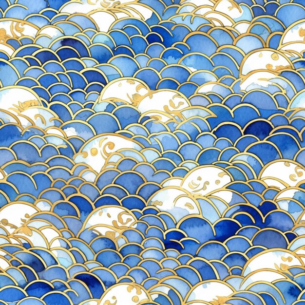 Un primer plano de un patrón azul y blanco con ai generativo de oro