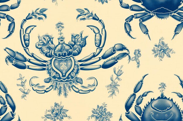un primer plano de un patrón azul y blanco con cangrejos generativos ai