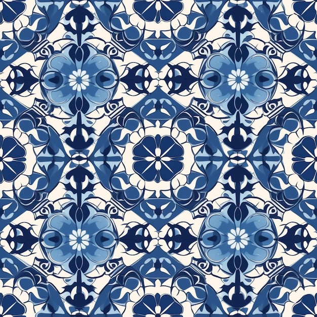 un primer plano de un patrón de azulejos azules y blancos con un ai generativo de flores