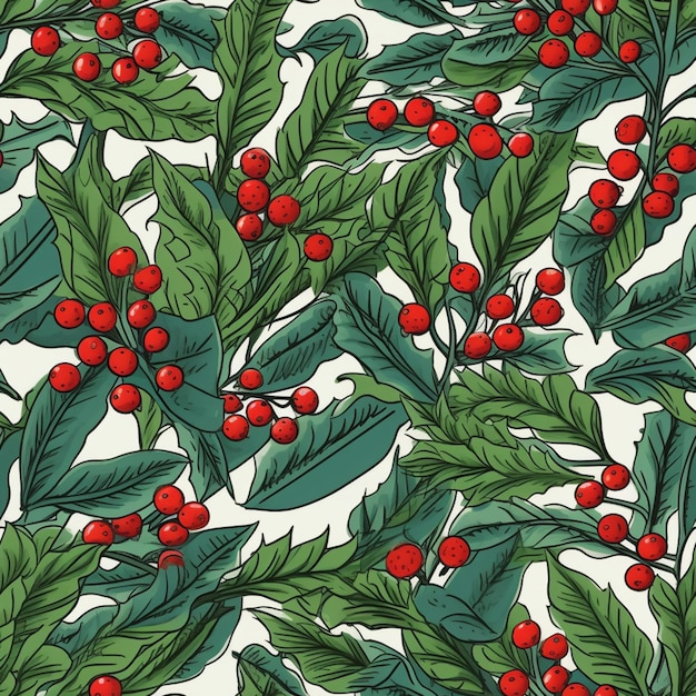 Un primer plano de un patrón de bayas rojas y hojas verdes generativo ai