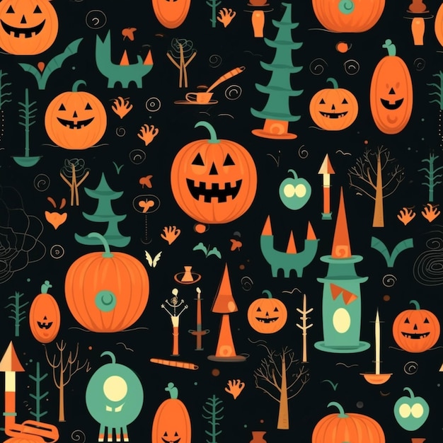 Un primer plano de un patrón de calabazas de halloween y otras decoraciones generativas ai