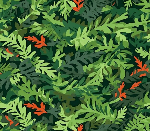 un primer plano de un patrón de camuflaje verde y rojo con hojas generativas ai