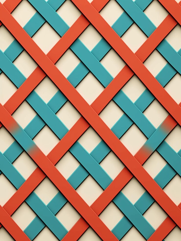 Un primer plano de un patrón de celosía rojo y azul en una pared generativa ai
