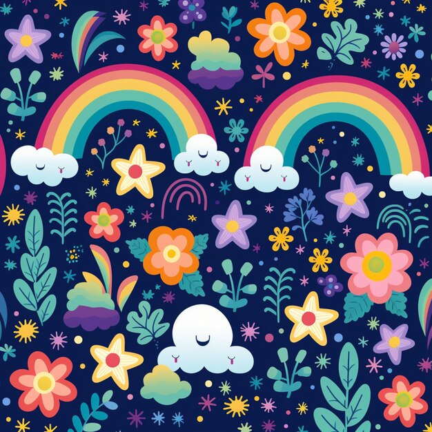 Foto un primer plano de un patrón colorido con flores y arco iris generativo ai