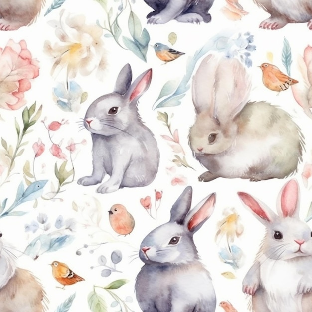 Un primer plano de un patrón de conejos y pájaros sobre un fondo blanco ai generativo