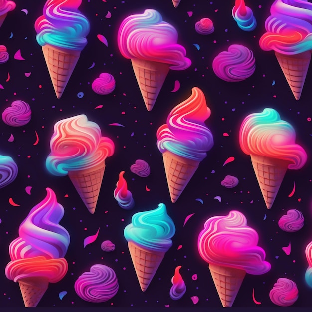 Un primer plano de un patrón de conos de helado con diferentes colores ai generativo