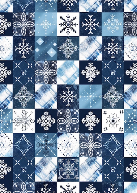 un primer plano de un patrón a cuadros azul y blanco con copos de nieve generativo ai