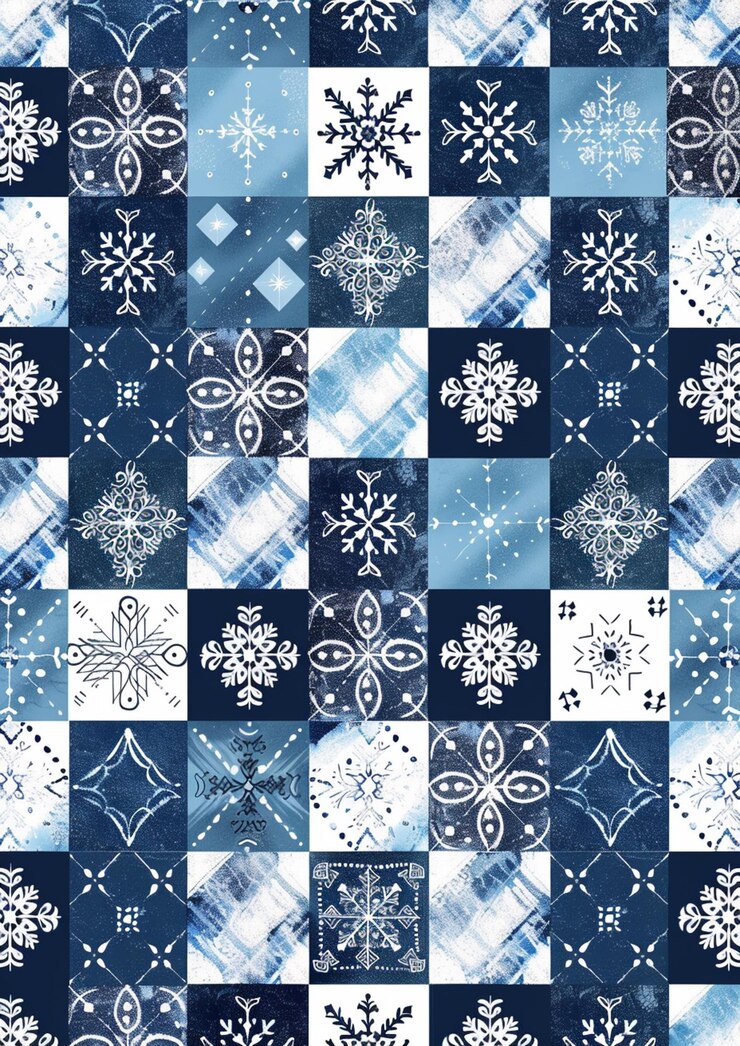 un primer plano de un patrón a cuadros azul y blanco con copos de nieve generativo ai