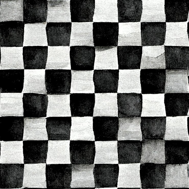 Foto un primer plano de un patrón de cuadros en blanco y negro con una señal de stop roja ai generativo