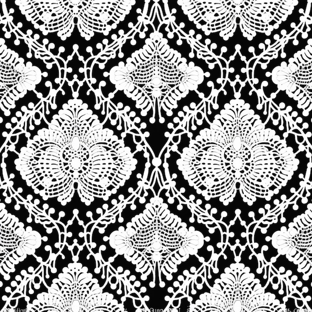 un primer plano de un patrón de encaje blanco y negro con flores generativas ai
