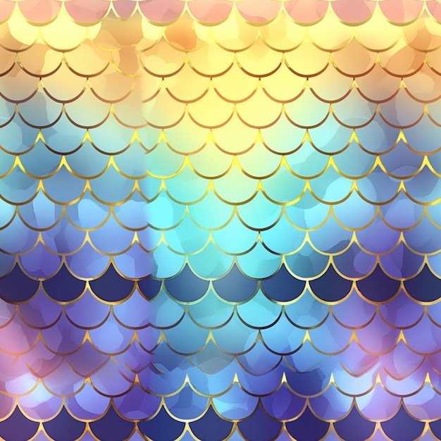 Un primer plano de un patrón de escamas de pez con un fondo generativo azul y amarillo ai