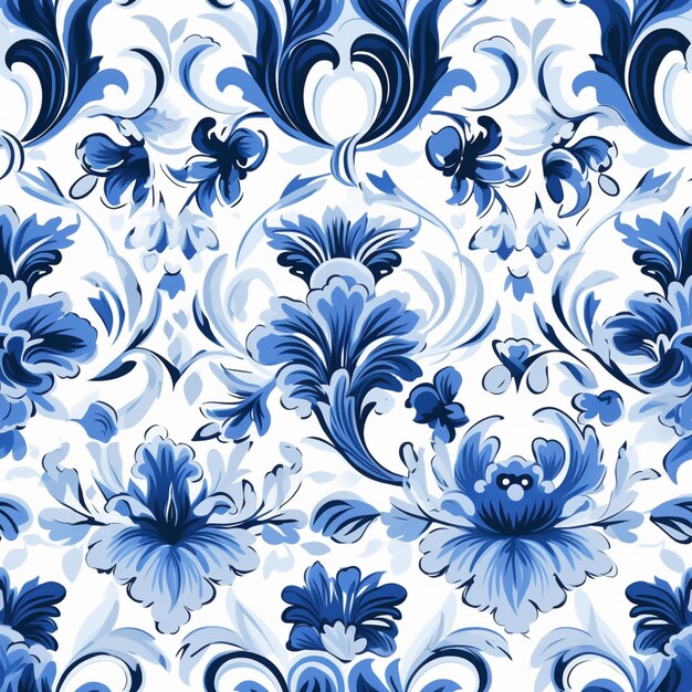 un primer plano de un patrón floral azul y blanco en un fondo blanco