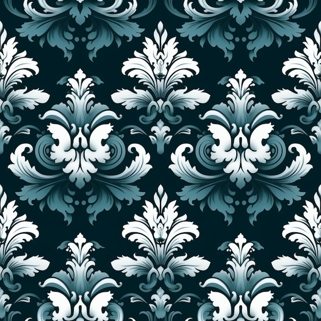 un primer plano de un patrón floral azul y blanco en un fondo negro