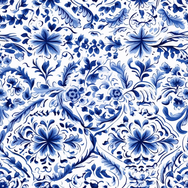 Foto un primer plano de un patrón floral azul y blanco sobre un fondo blanco ai generativo