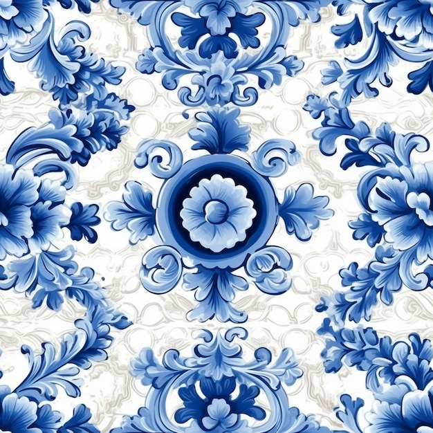 Un primer plano de un patrón floral azul y blanco sobre un fondo blanco ai generativo