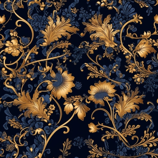 Un primer plano de un patrón floral azul y dorado sobre un fondo negro ai generativo