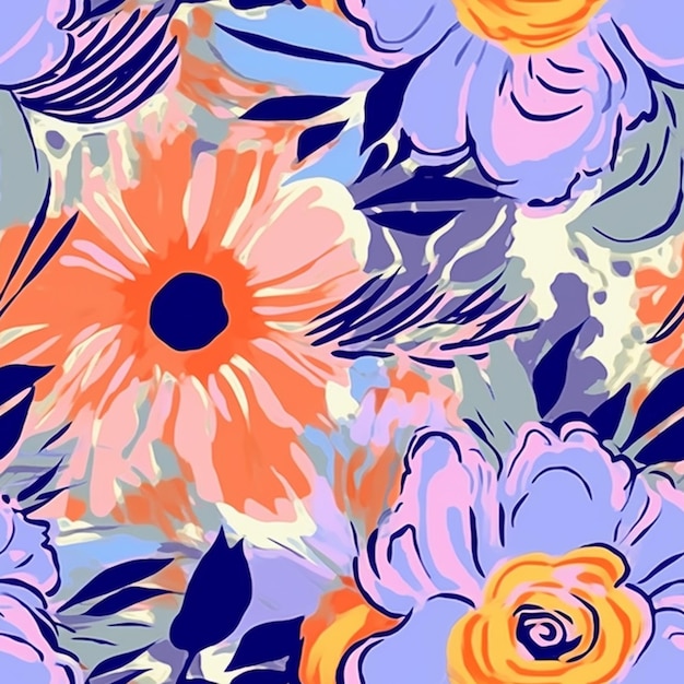 un primer plano de un patrón floral colorido con un fondo azul generativo ai