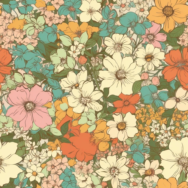 Un primer plano de un patrón floral colorido con muchas flores ai generativo