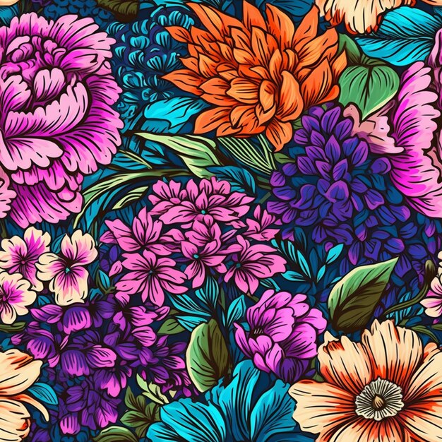 un primer plano de un patrón floral colorido con muchas flores generativas ai