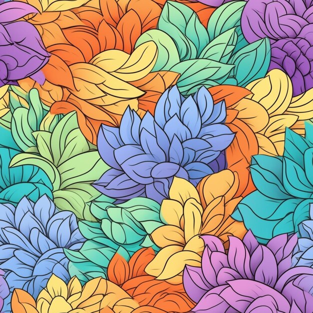 un primer plano de un patrón floral colorido con muchas hojas generativas ai