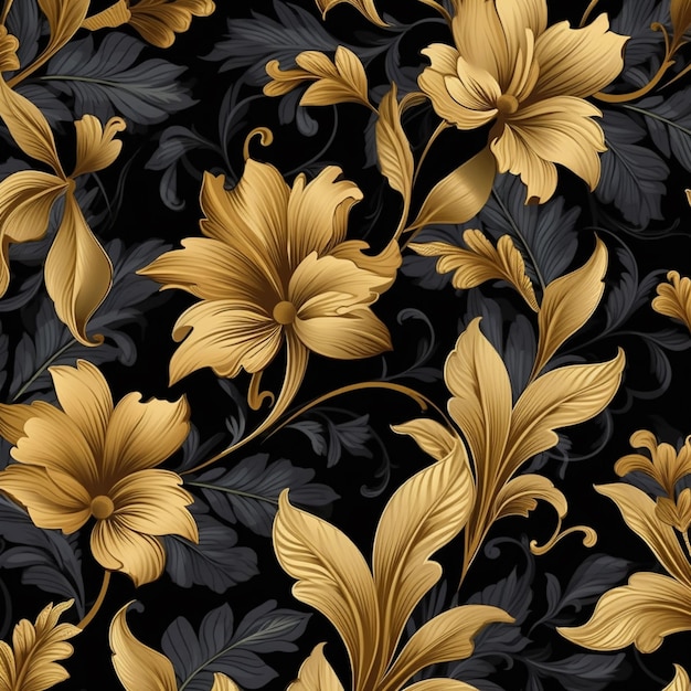 Un primer plano de un patrón floral dorado y negro sobre un fondo negro ai generativo