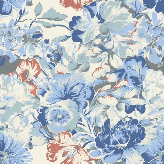 Foto un primer plano de un patrón floral con flores azules y rojas generativo ai