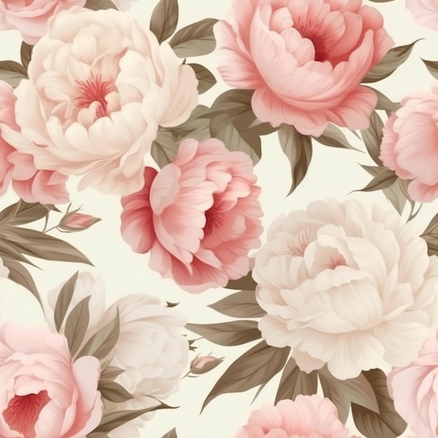 un primer plano de un patrón floral con flores rosadas y blancas ai generativo