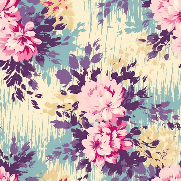 un primer plano de un patrón floral con flores rosadas en un fondo azul generativo ai
